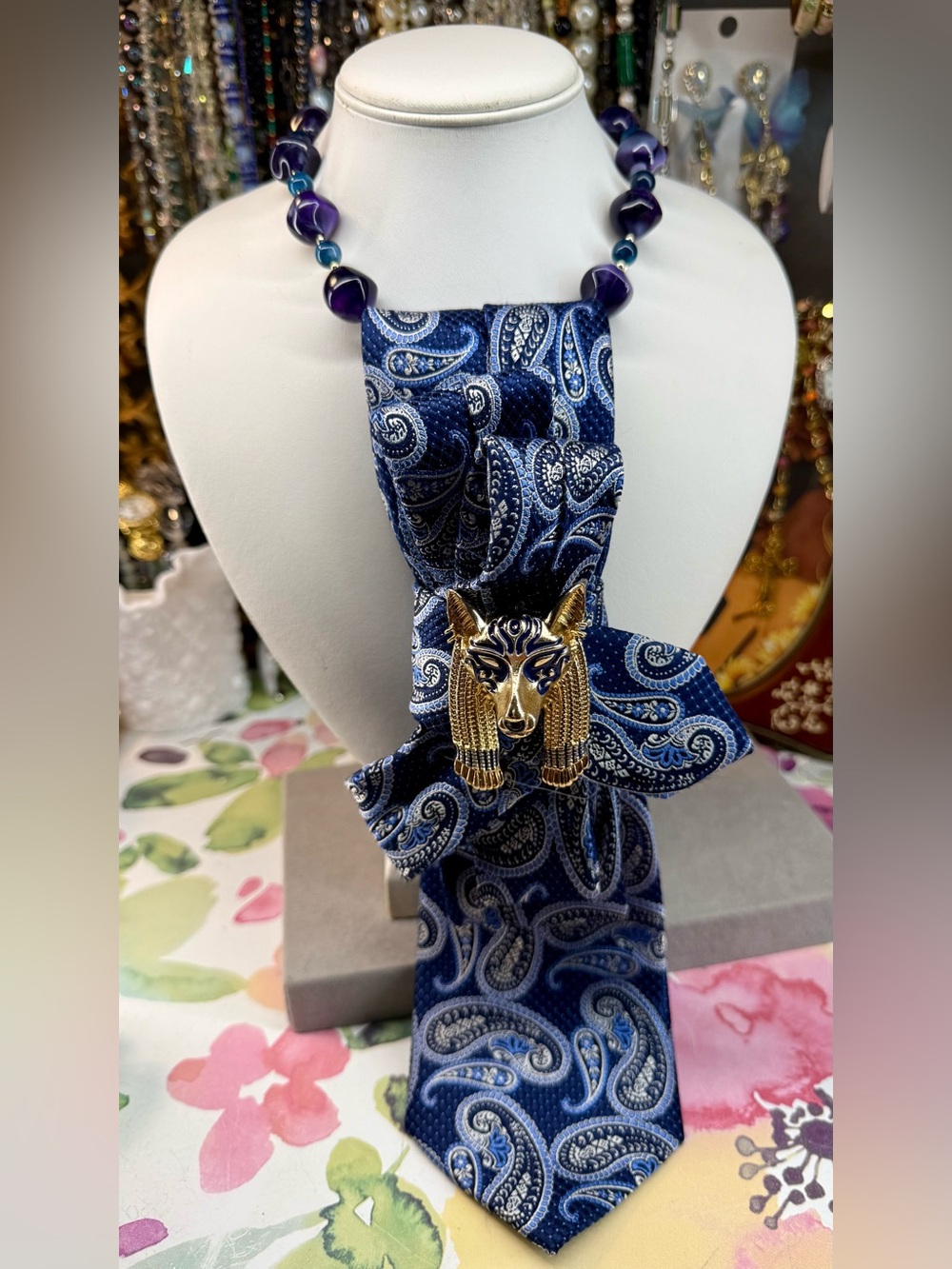 Vintage Blue Paisley Tie Necklace with Gold Egyptian Brooch